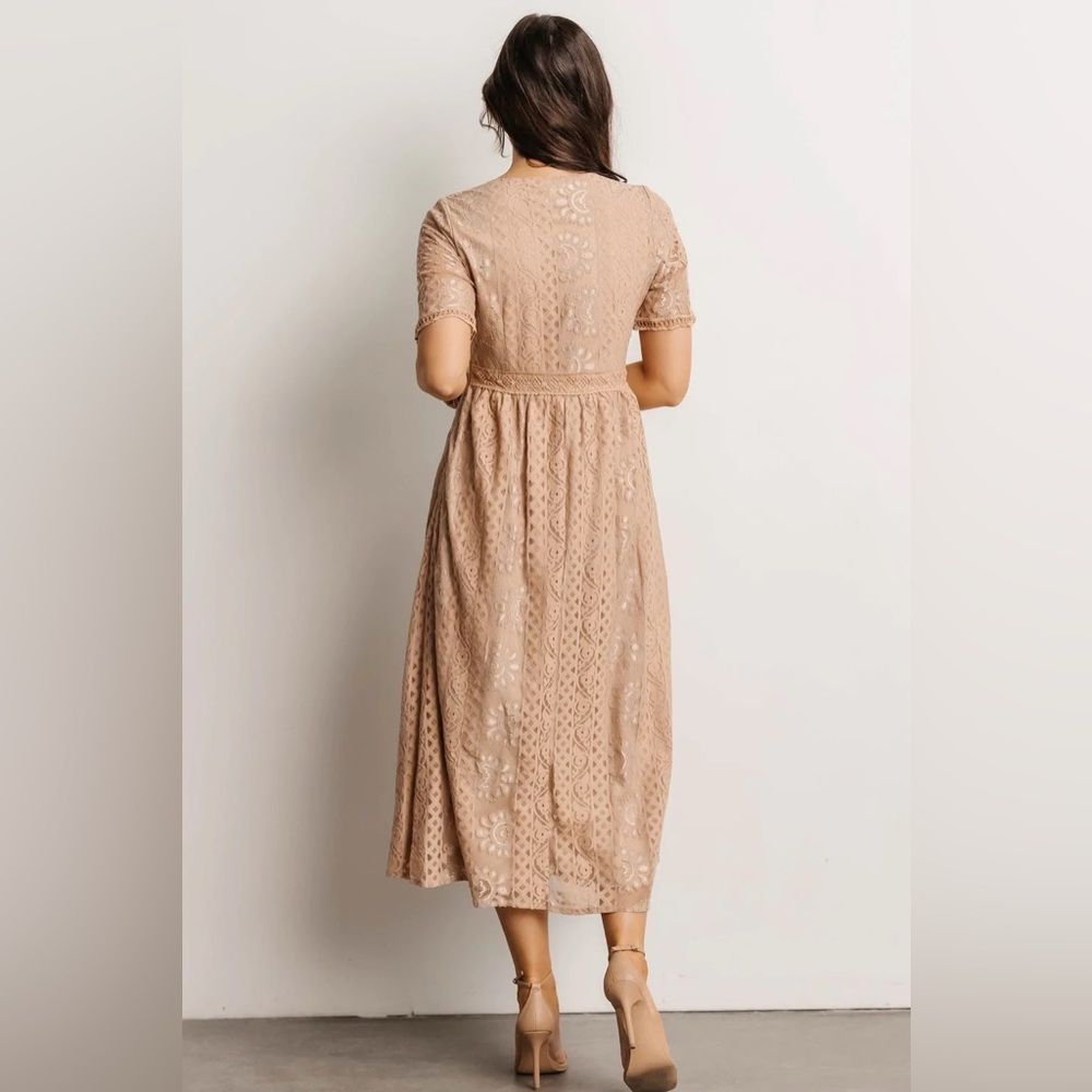Baltic Born Polagram Lace Embellished Midi Dress Wedding Guest L Nude Tan NEW - Picture 2 of 6